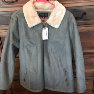 Grayish fur lined looking jacket. Zip front with two front pockets.